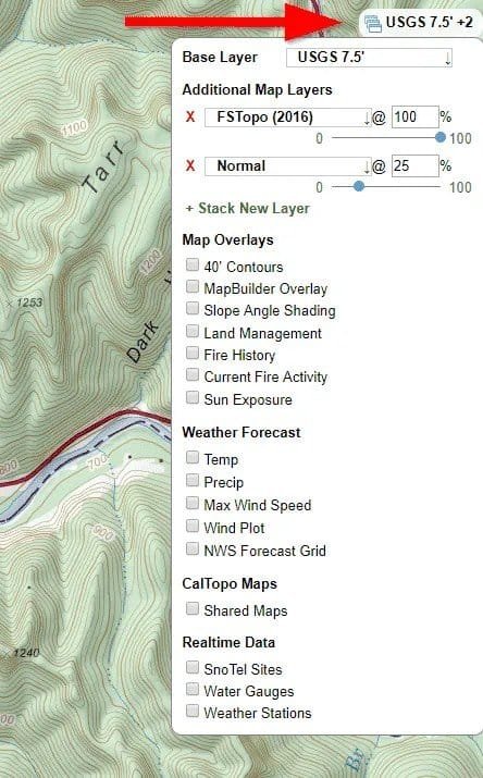 CalTopo layer stacking menu.