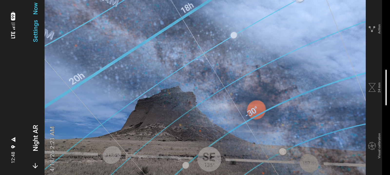 A screenshot of PhotoPills showing the position of the Milky Way in relation to the butte.