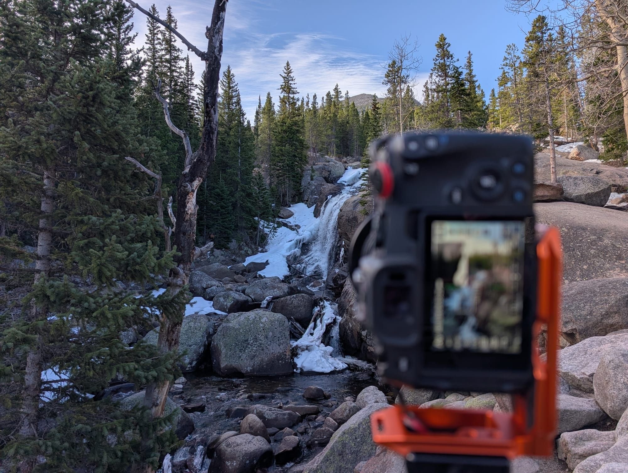 My camera all set up to shoot Alberta Falls in Rocky Mountain National Park, Colorado.