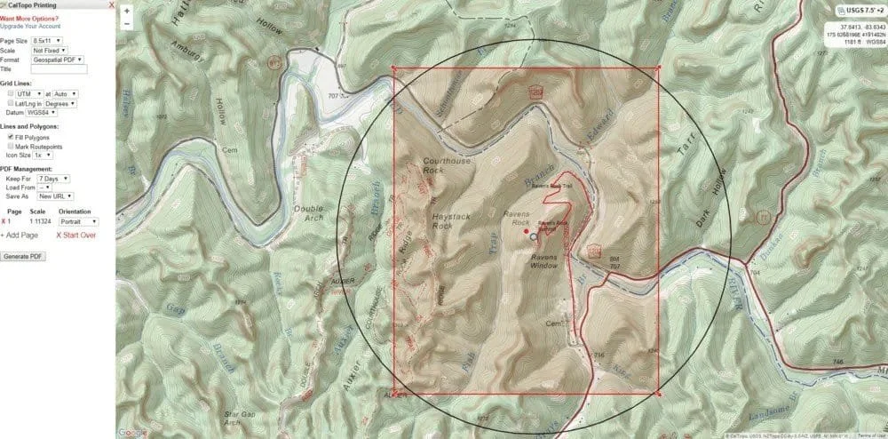 CalTopo map printing view.