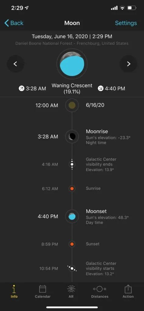 An example of using the PhotoPills app to plan for the moon phase when planning for Milky Way photography.