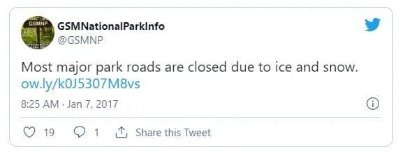 A Tweet stating that most of the major roads in the Great Smoky Mountains are closed.