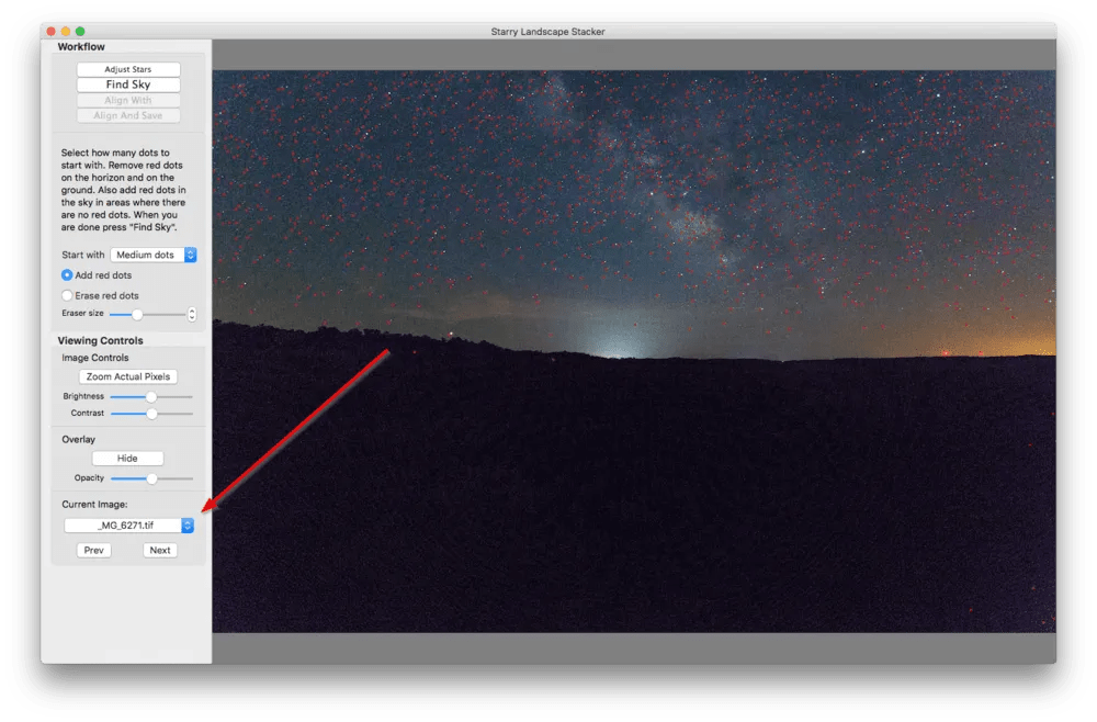 Select a single frame in Starry Landscape Stacker.