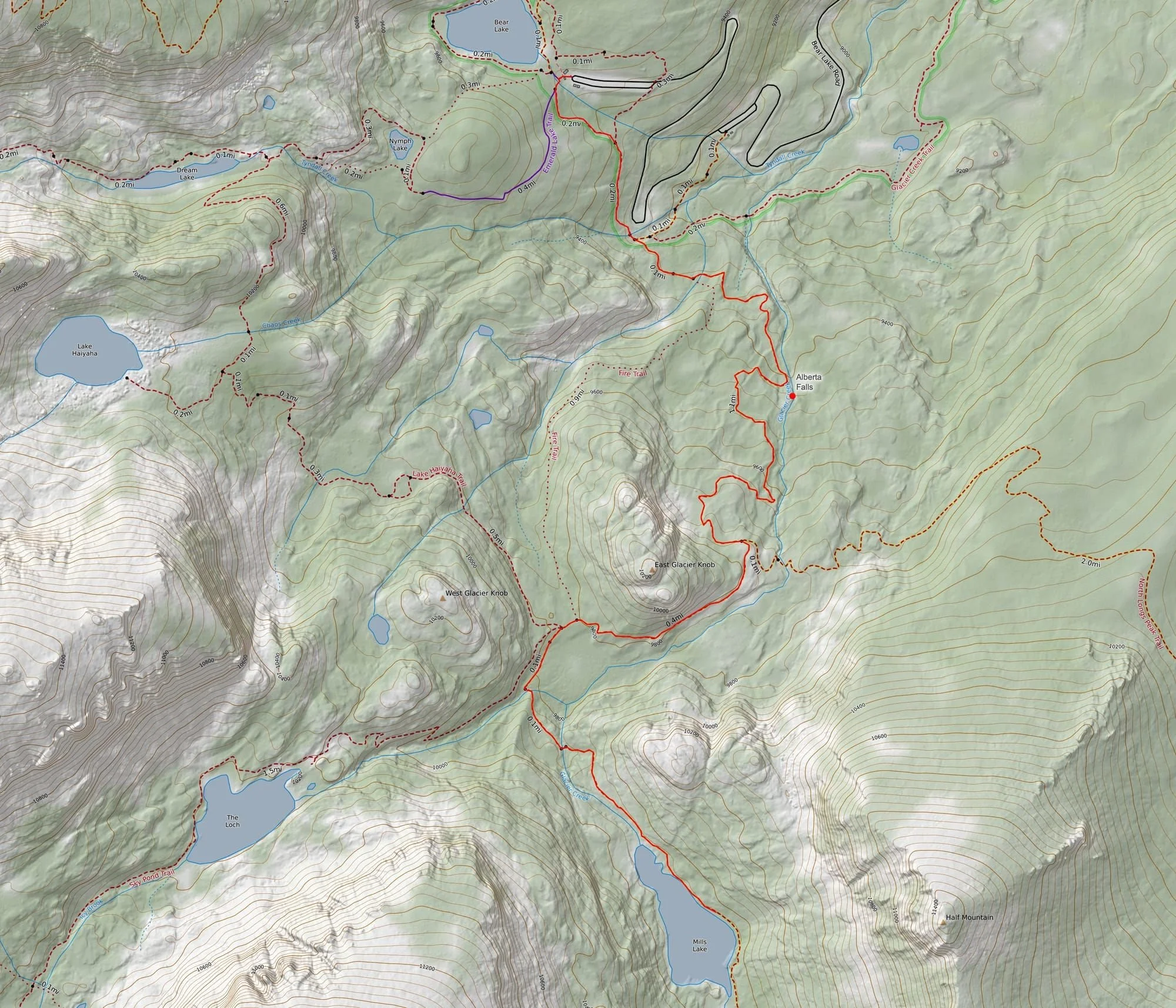 The route up to Mills Lake in Rocky Mountain National Park.