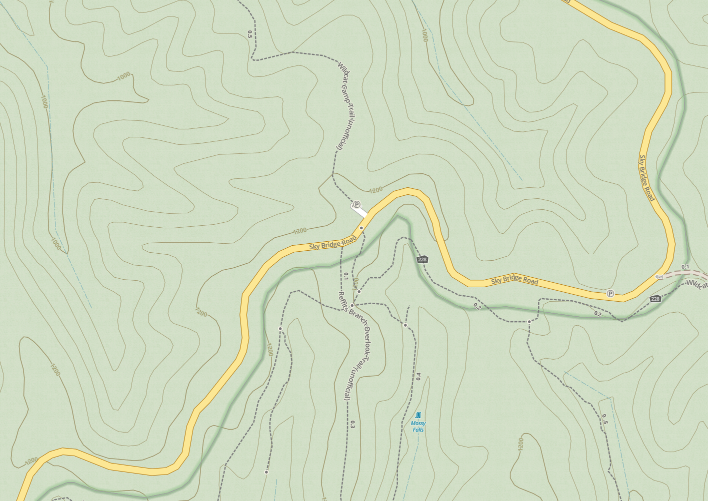Topo map of the Wildcat Trailhead area of the Red River Gorge