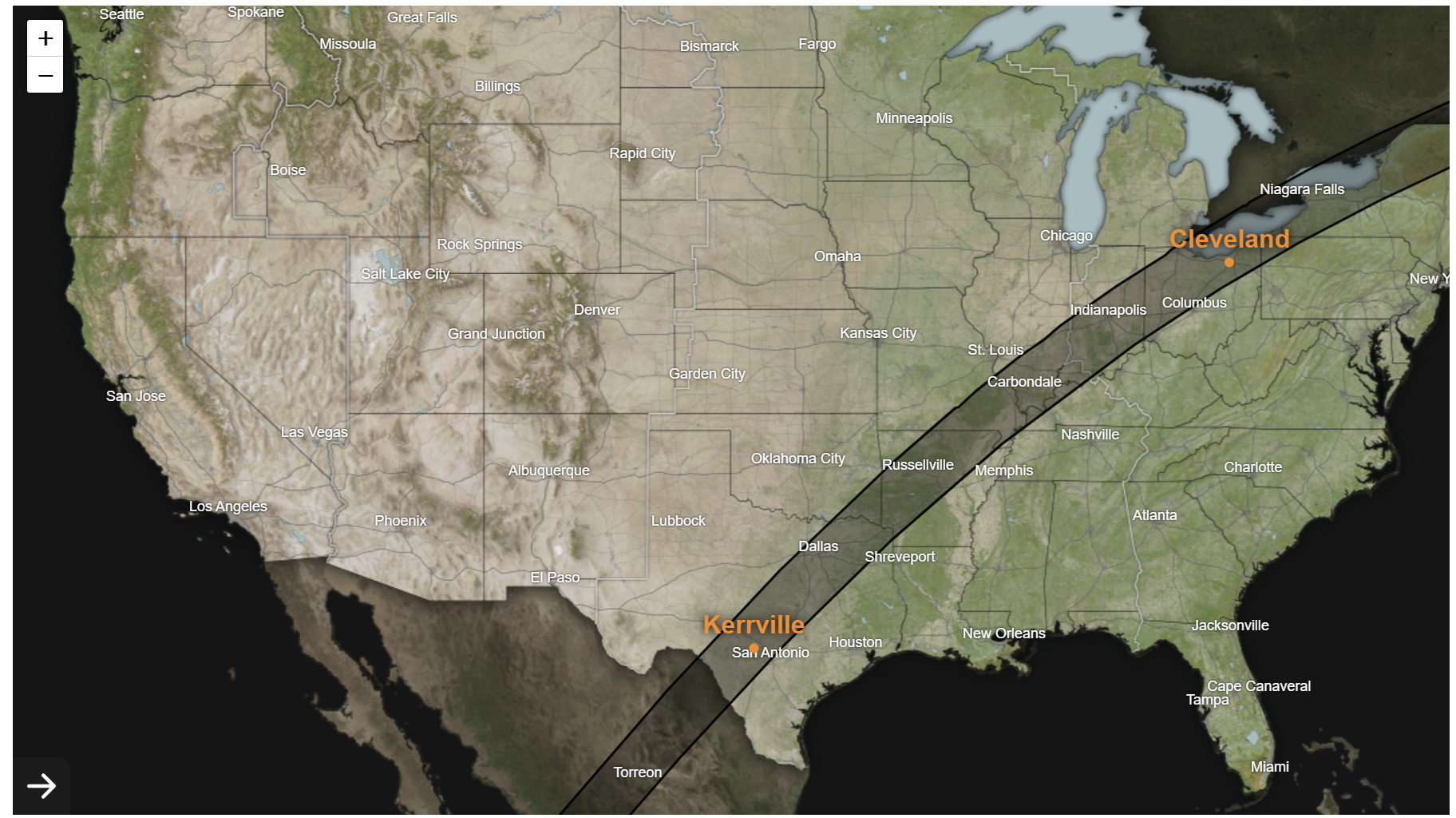 The path of totality for the 2024 total solar eclipse.