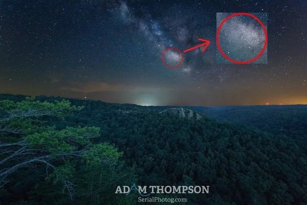 An example of how much stacking reduces the noise in a Milky Way image.
