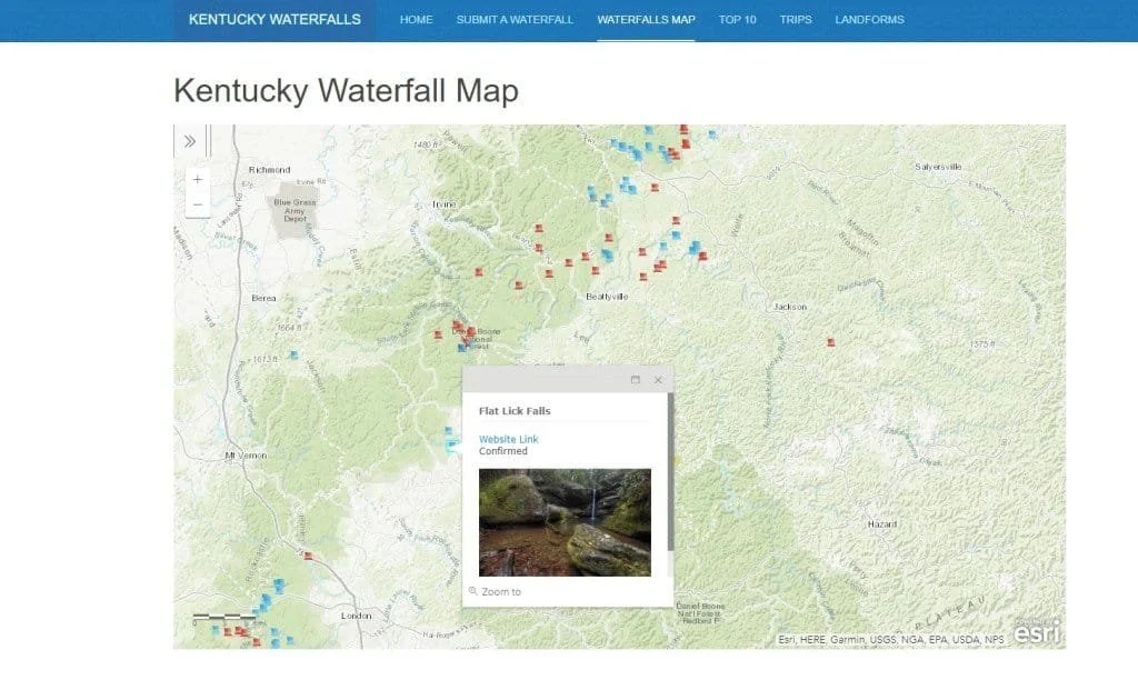 The waterfall map on the Kentucky Waterfall Database website.