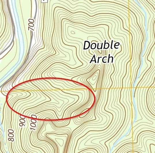 An example of a drainage in the Red River Gorge on a topographic map.