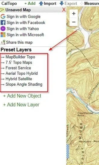 CalTopo Preset Layers Panel