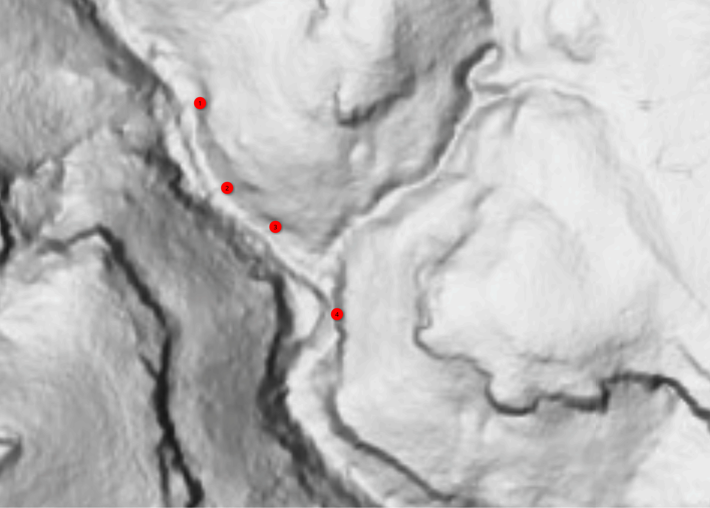 An illustration of multiple waterfalls on a LiDAR map.