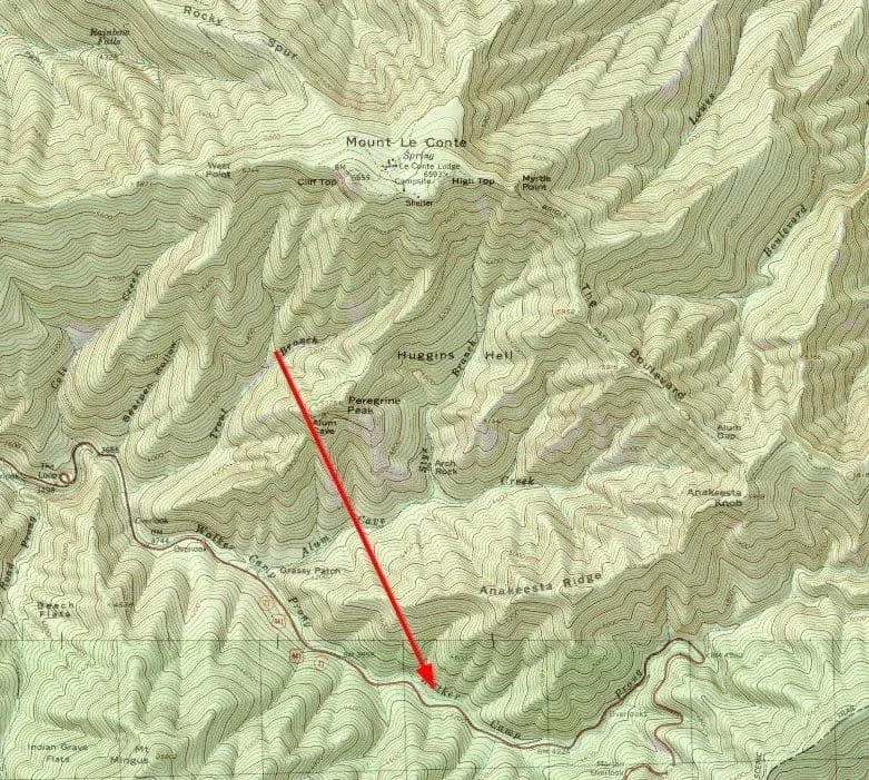 An example of a valley in the Great Smoky Mountains on a topographic map.