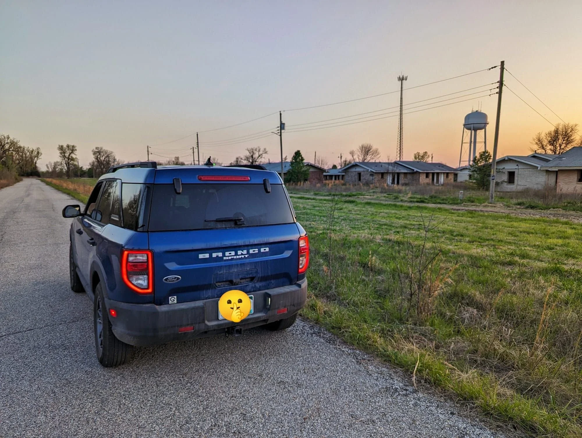 My Bronco Sport parked outside a bunch of abandoned homes in Picher, Oklahoma.