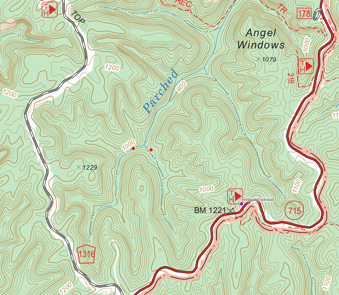 A topo map of the Parched Corn Creek area with our candidate waterfalls marked.