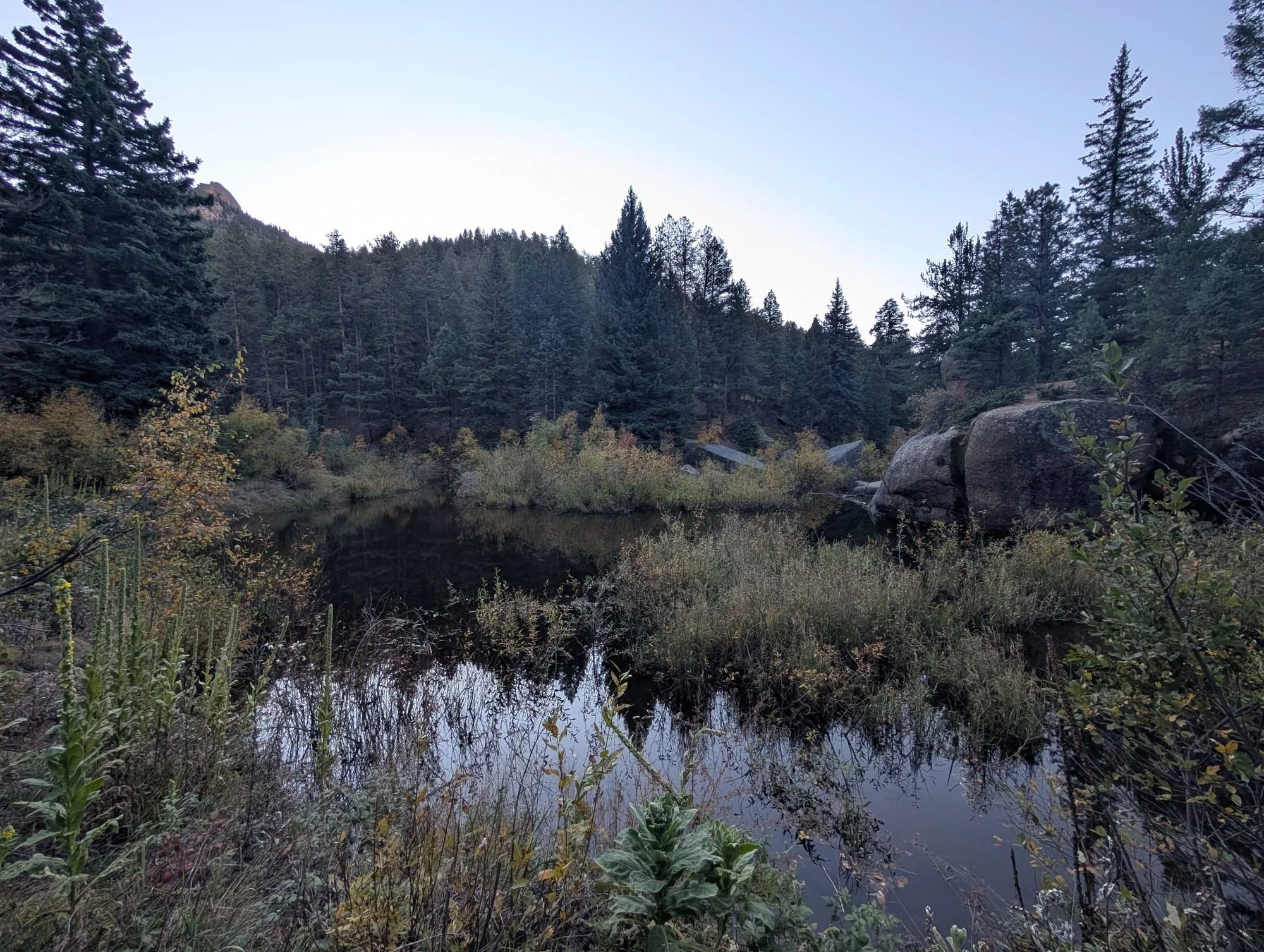 A beaver pond on the way to Harmonica Arch in the Lost Creek Wilderness, Colorado.