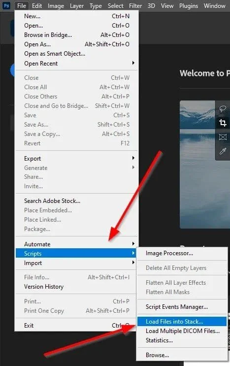 Load files into a stack in Photoshop.