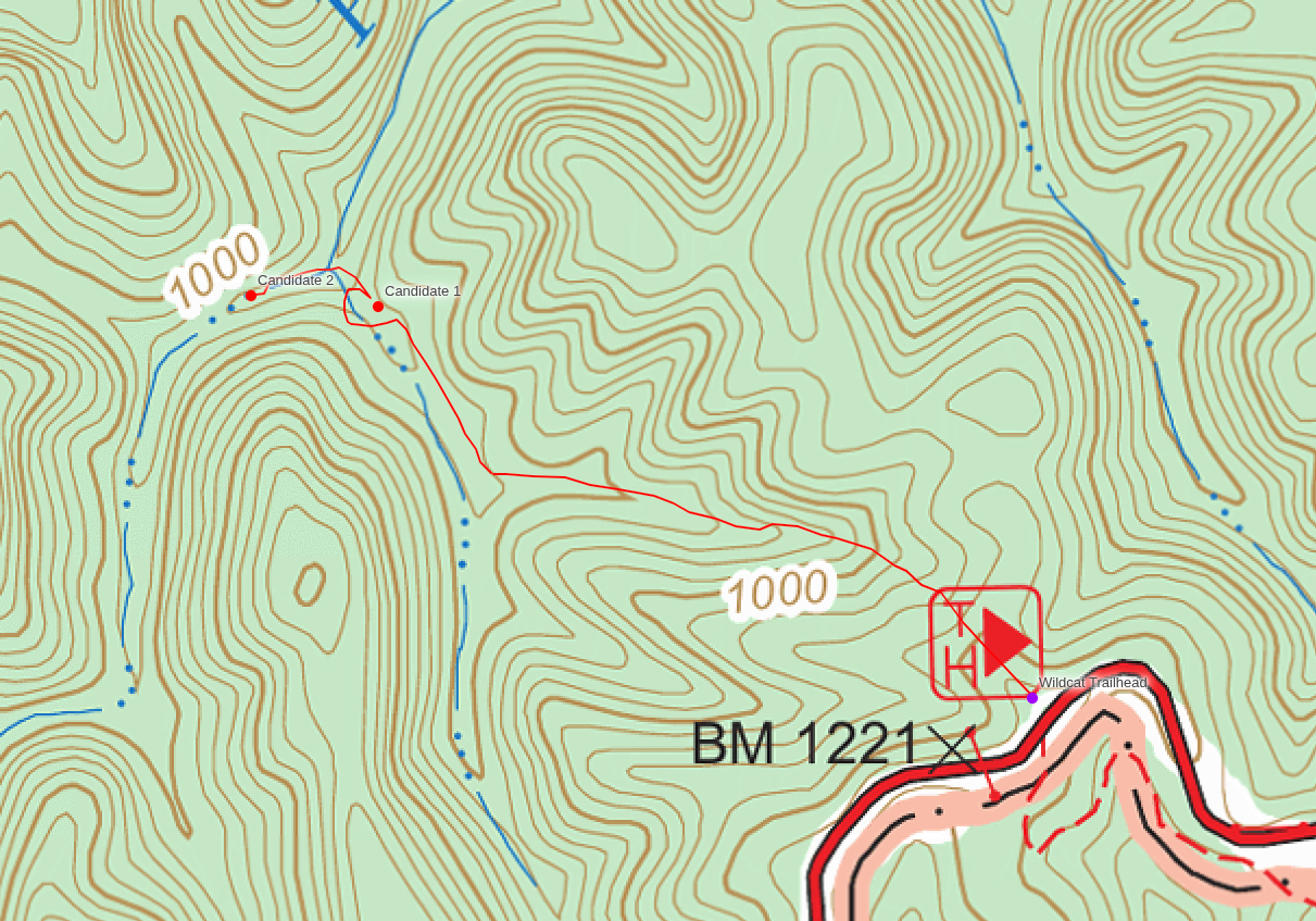 My final planned route to the waterfalls on Parched Corn Creek that we found using LiDAR.