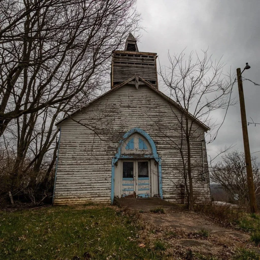 An abandoned church located on a background in Northern Kentucky.