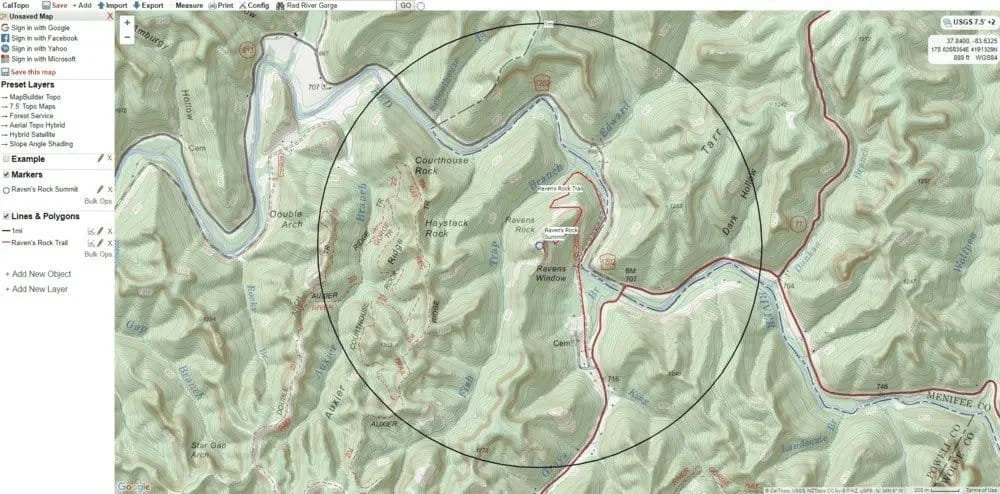 An example 1-mile radius range ring