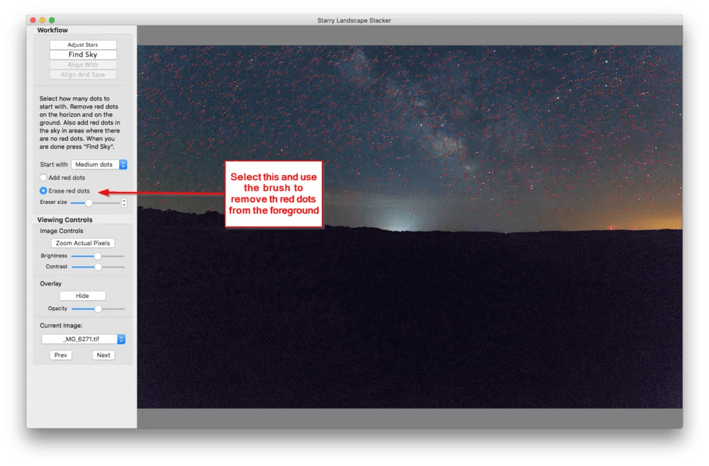 Erase red dots in Starry Landscape Stacker.