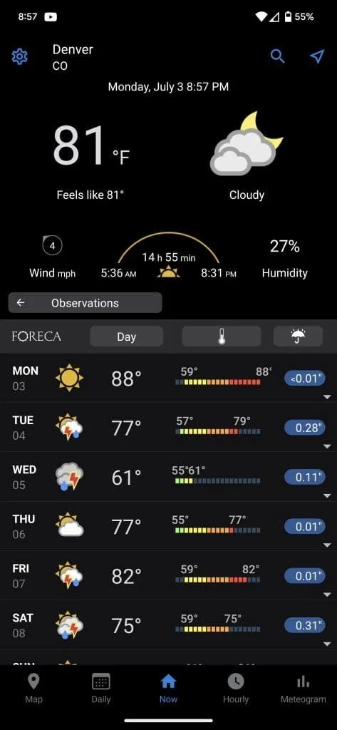 A screenshot of the Forcea weather app.