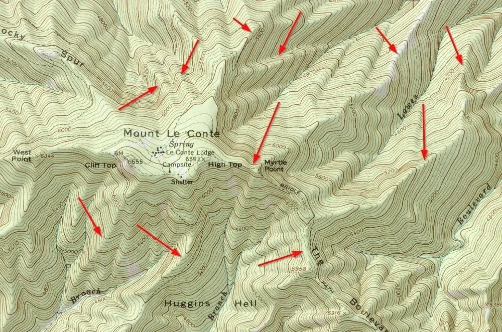 Several examples of ridges in the Smokies in the Great Smoky Mountains on a topographic map.