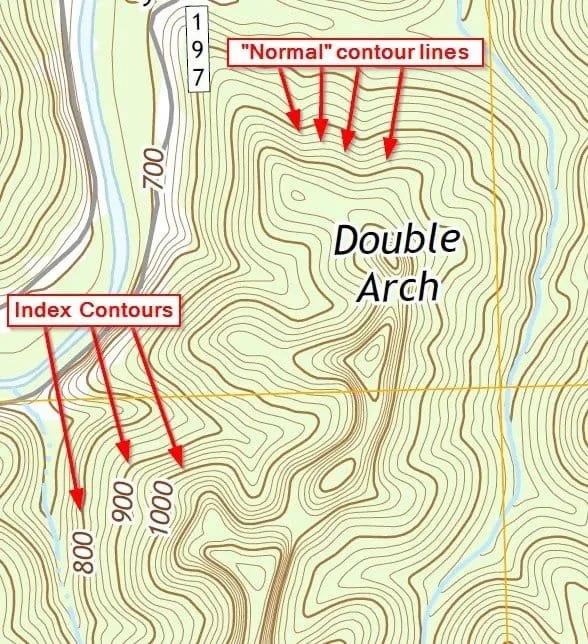 An example illustrating the difference between index contours and "normal" contours on a topographic map.