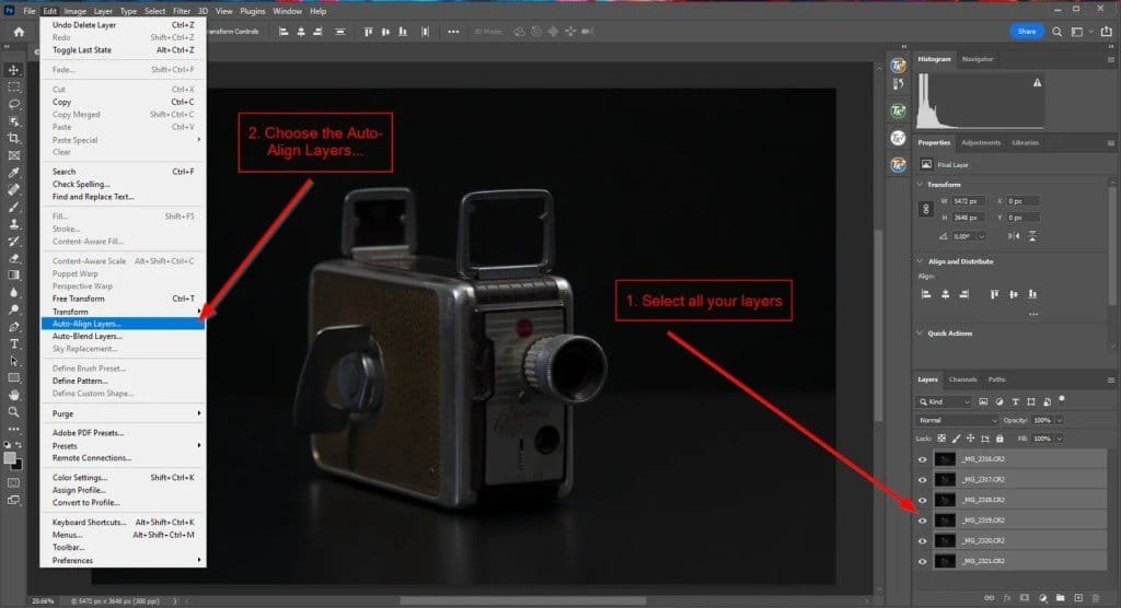 Auto align layers in Photoshop.