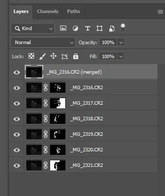The resulting stacked and blended images in Photoshop.