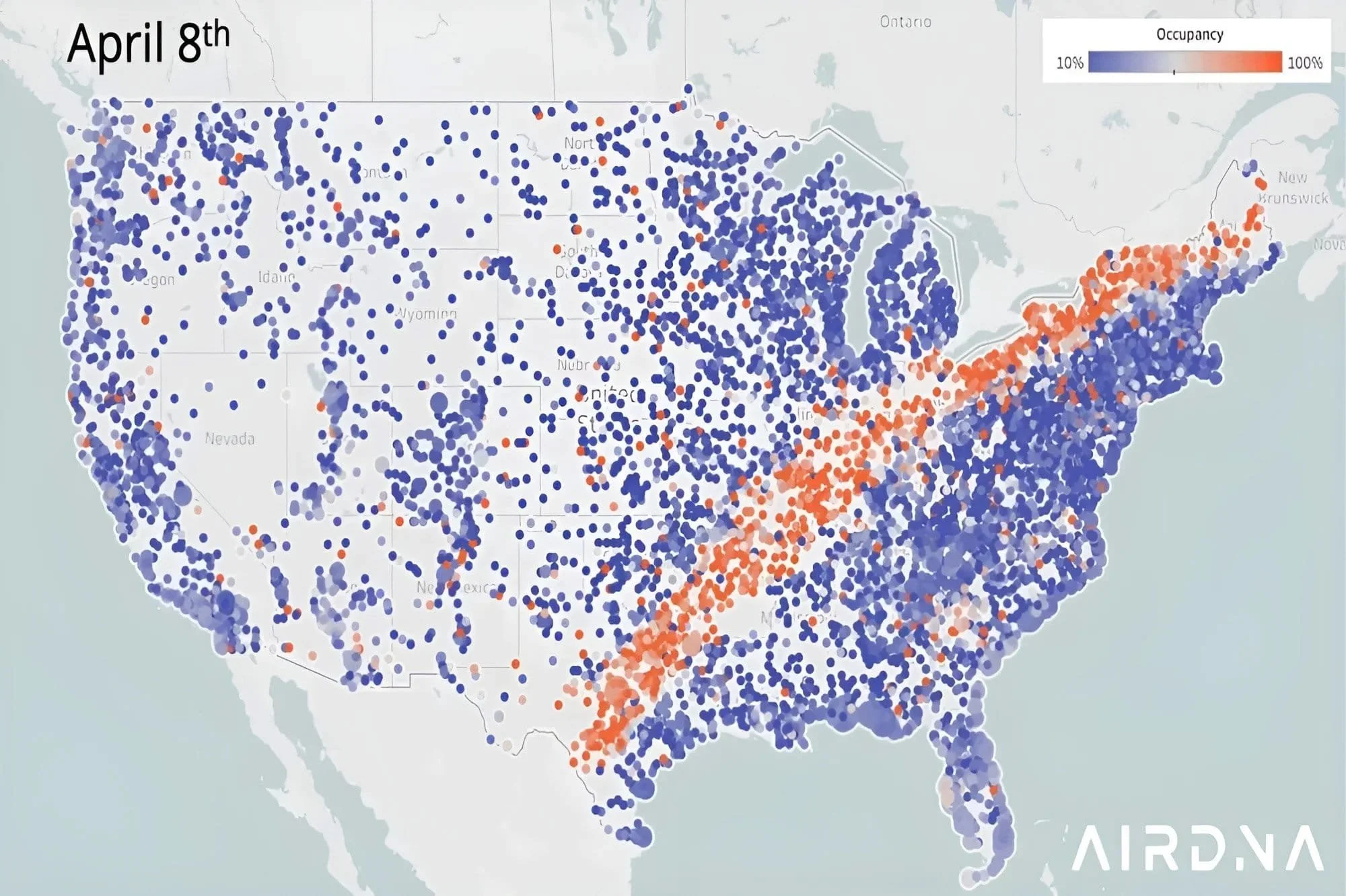 A map showing how fully booked Air BnBs were along the path of the 2024 total solar eclipse.