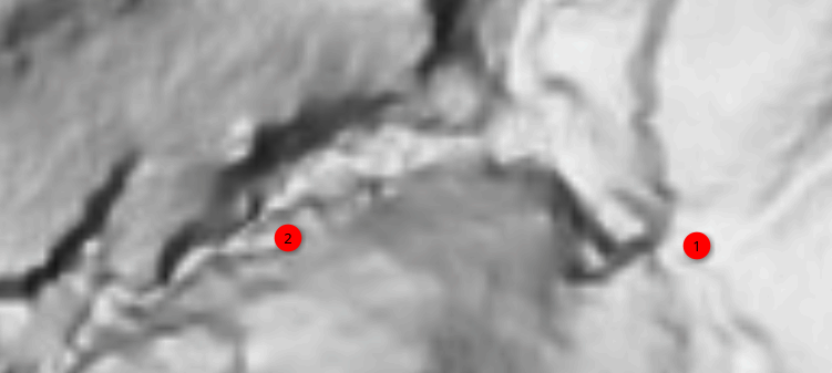 A closer view of two waterfalls on a LiDAR map.