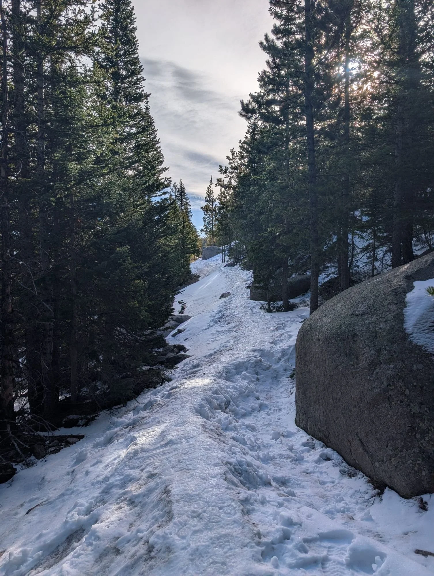 Snow and Ice on the trail to Mills Lake in Rocky Mountain National Park, Colorado.