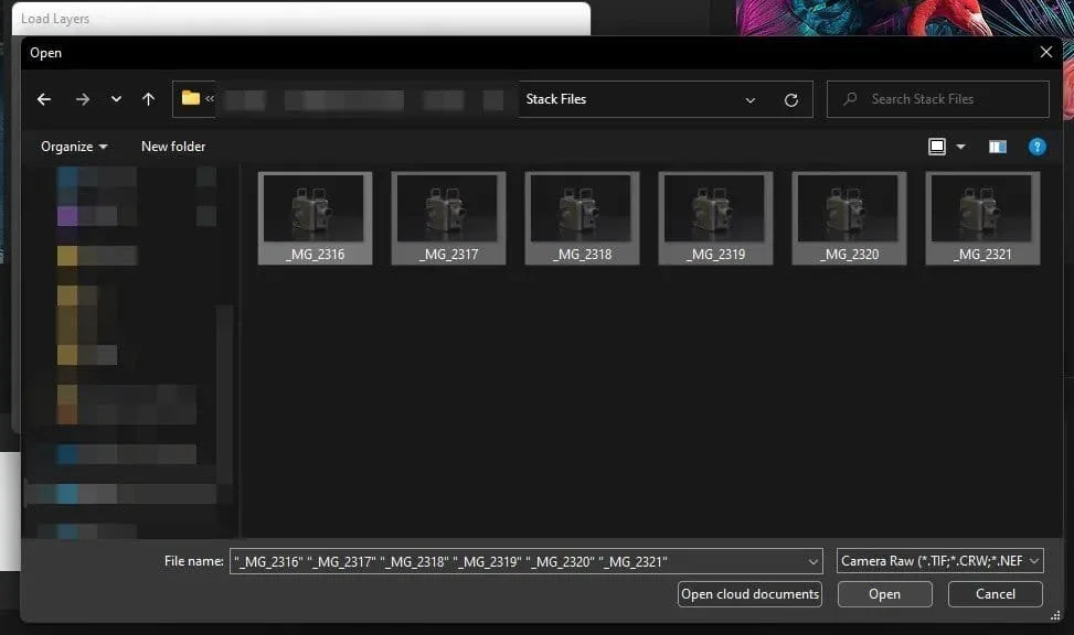 Load your photos into Photoshop to focus stack them.