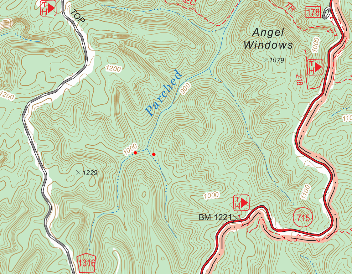 The Parched Corn Creek region of the Red River Gorge on topo map.