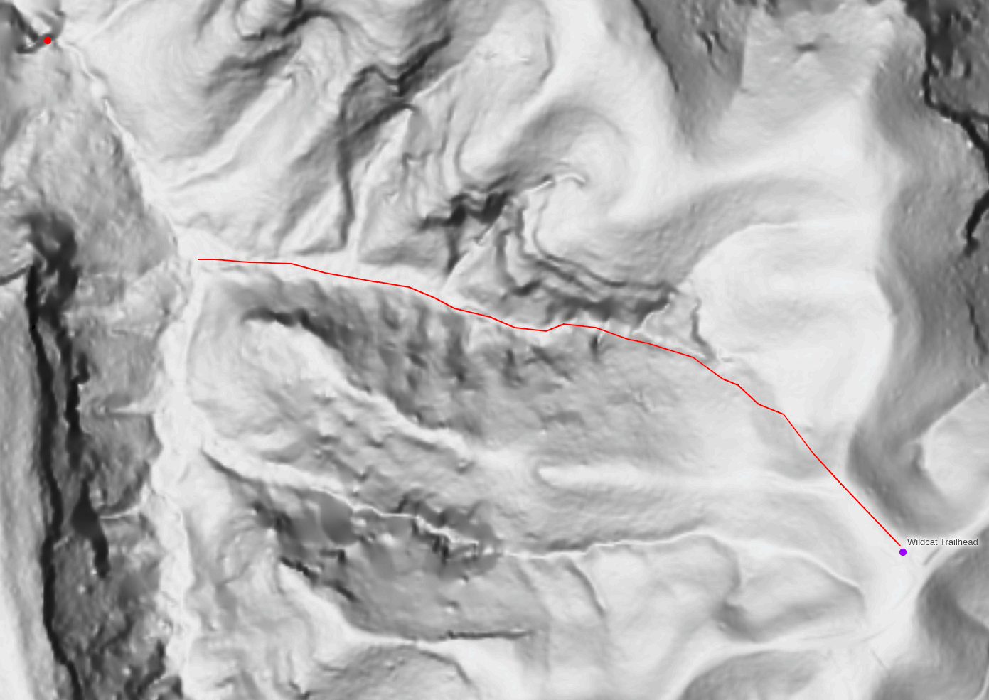 A proposed route down into Parched Corn Creek from the Wildcat Trailhead on LiDAR.