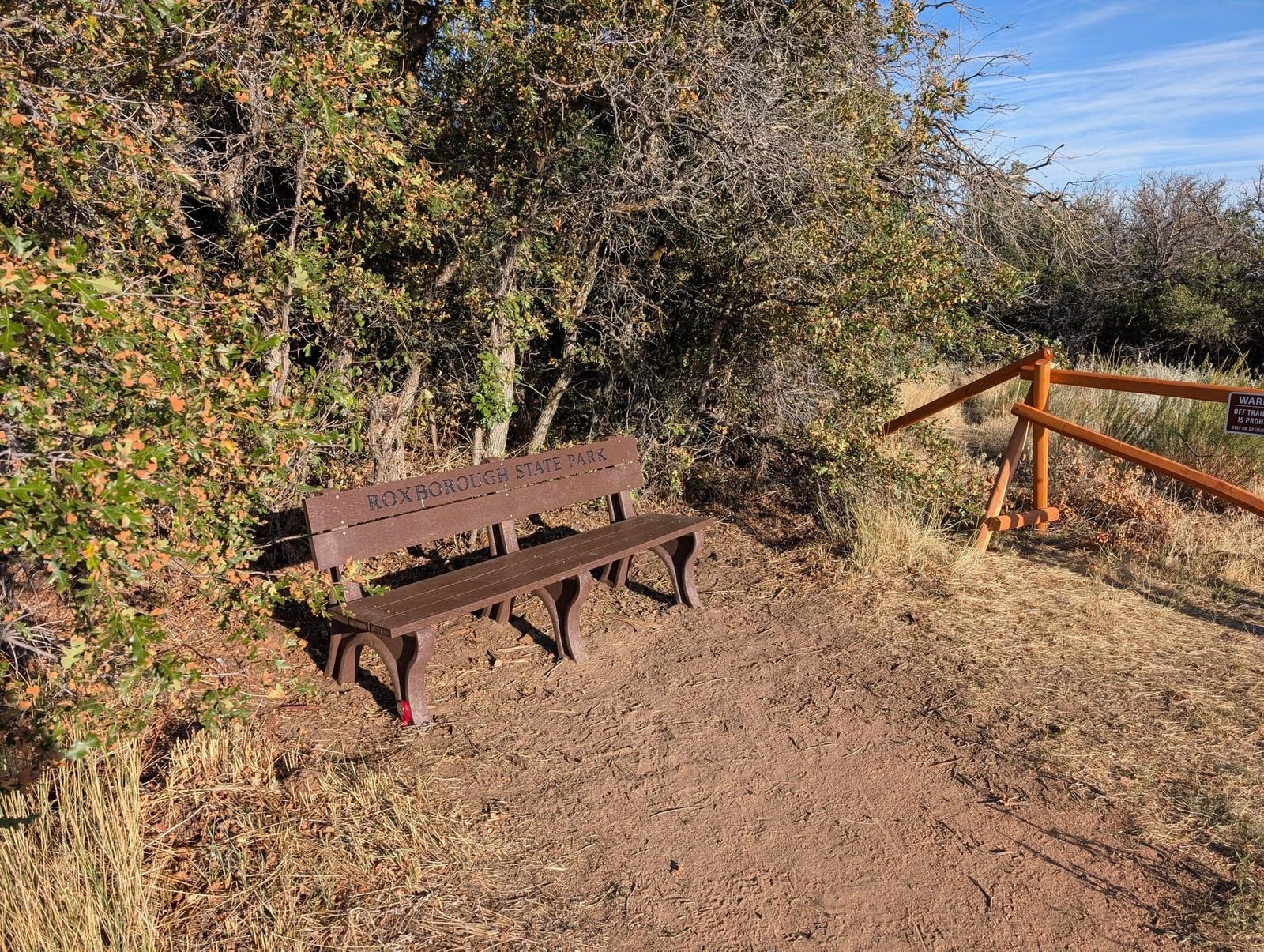 One of the benches along the trail in Roxborough State Park, Colorado.