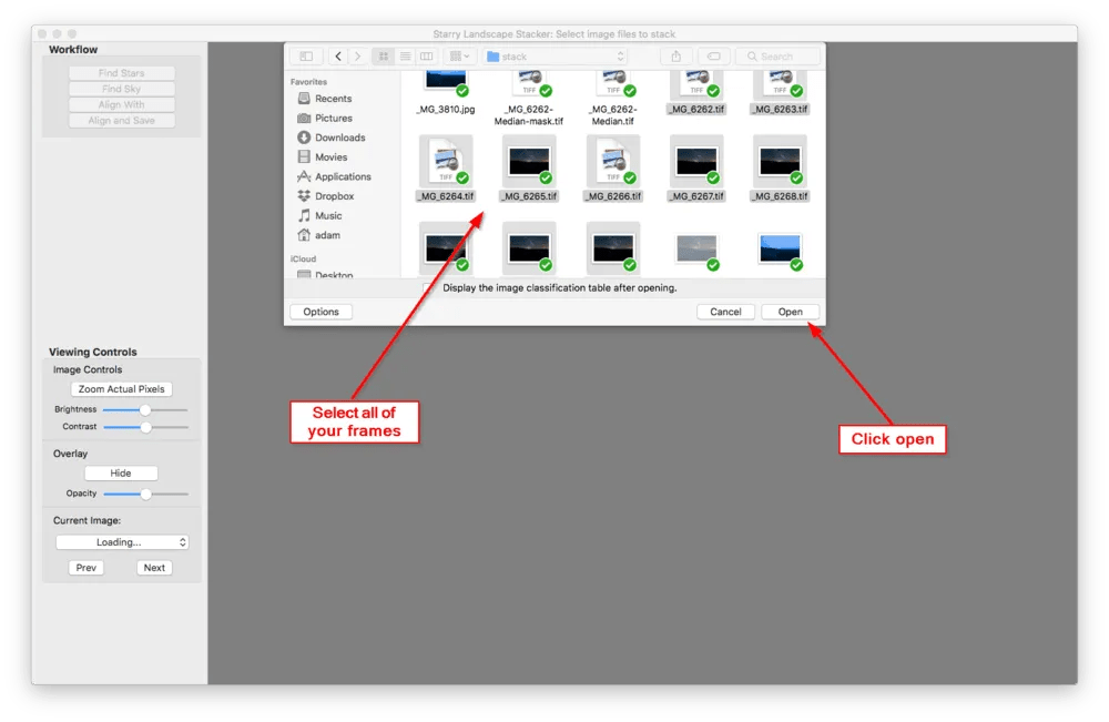 Load your frames into Starry Landscape Stacker.