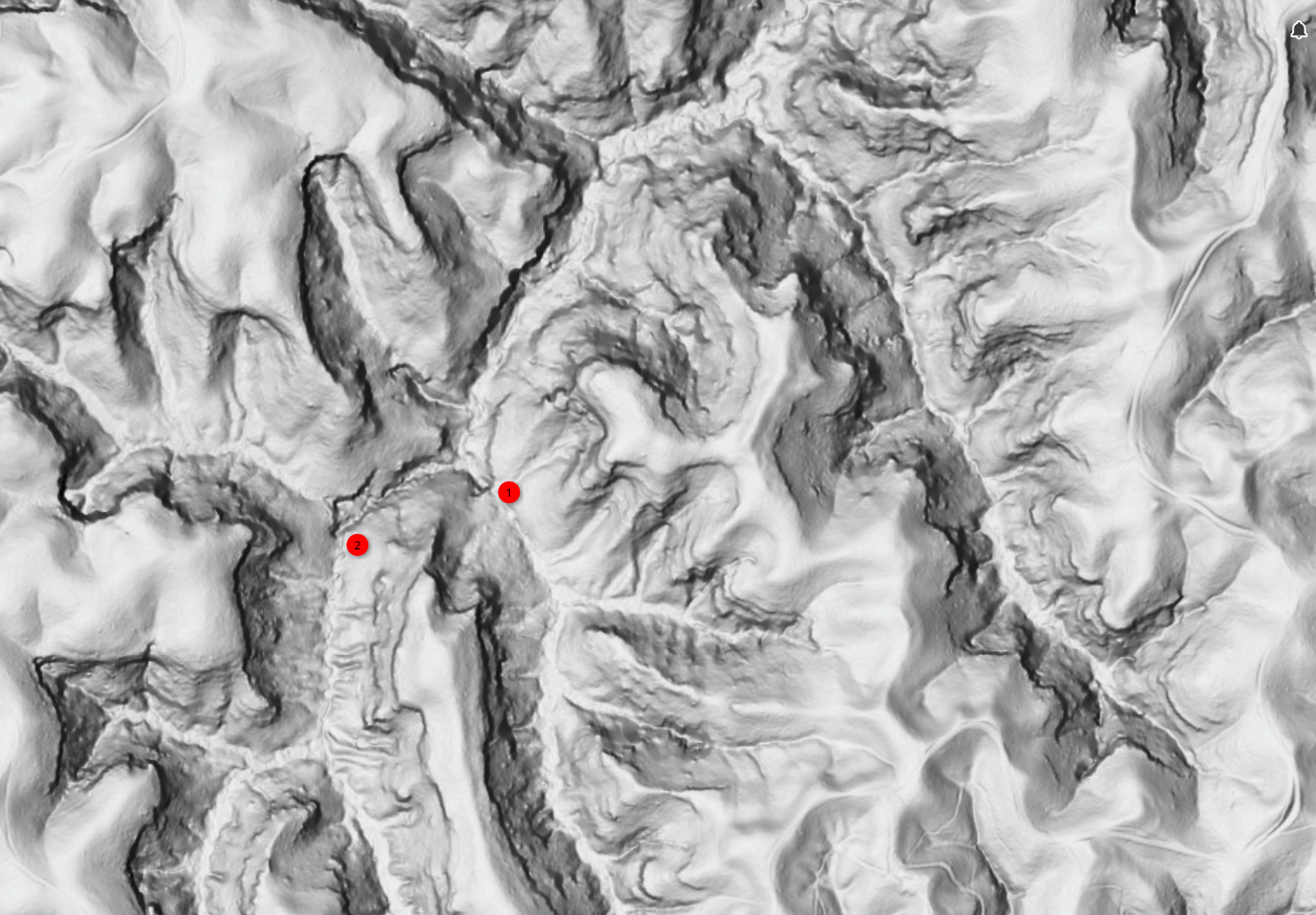 Illustration of two waterfalls on Parched Corn Creek on LiDAR.
