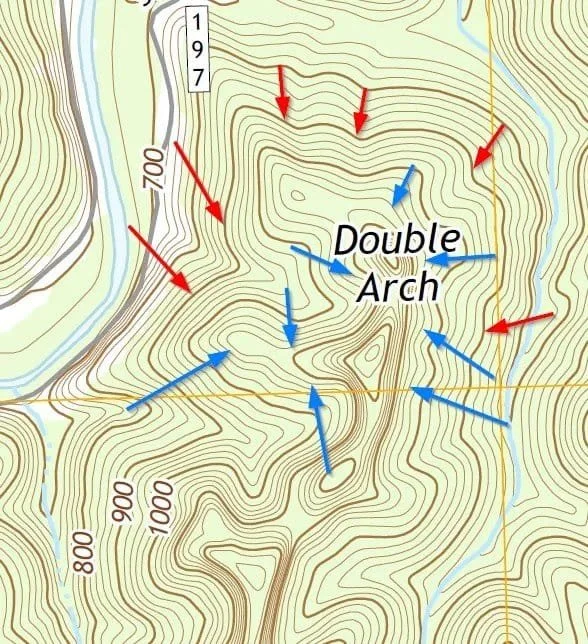 An example that illustrates that any given point along the same contour line are at the same elevation.