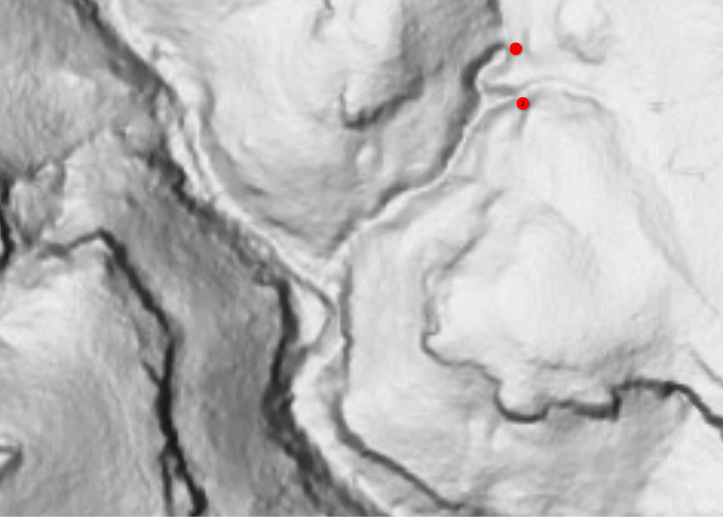 An illustration of two waterfalls on a LiDAR map.
