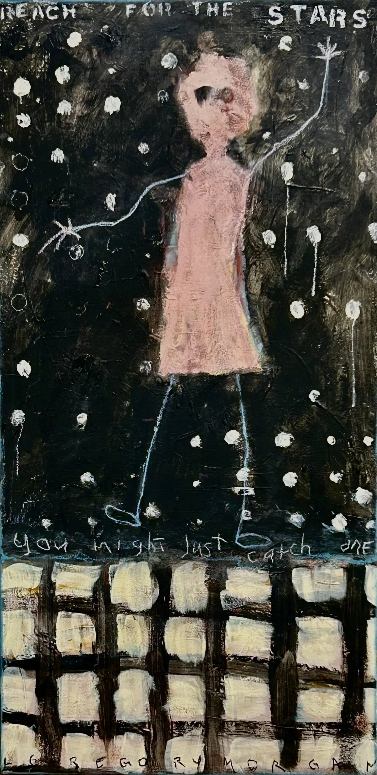 A young girl in a pink dress stands behind a wooden fence, with a starry night sky painted in the background. The text 'Look right just catch one' is written at the bottom of the image, and the phrase 'Night for the stars' is at the top.