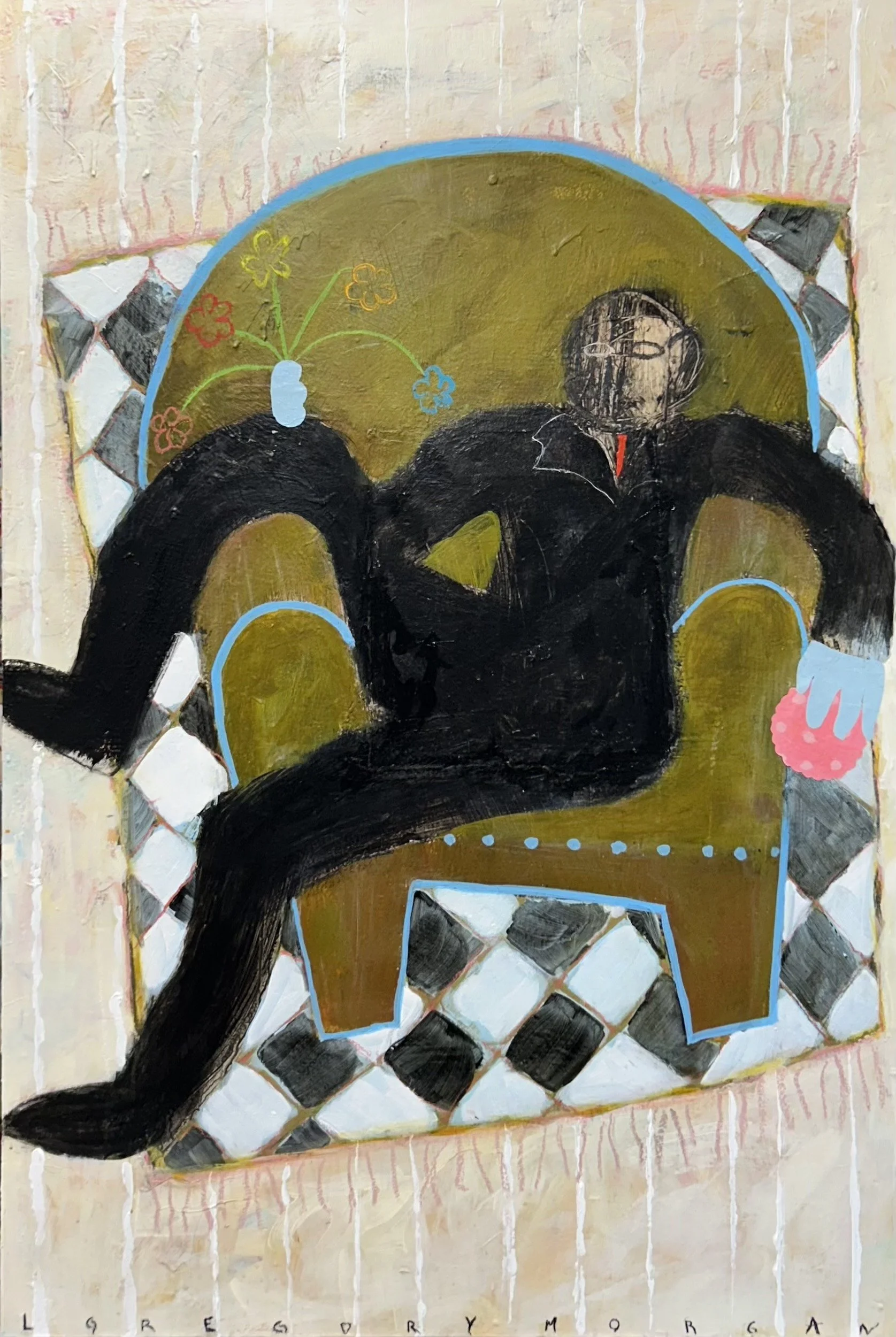 A painting of a person with dark hair, sitting in a relaxed position with one hand behind their head. The person is wearing dark clothing and is surrounded by colorful cartoonish flowers and shapes. The background is a mix of gold, white, and checkered patterns, with a word that appears to spell out 'GERRY MORGAN' at the bottom.