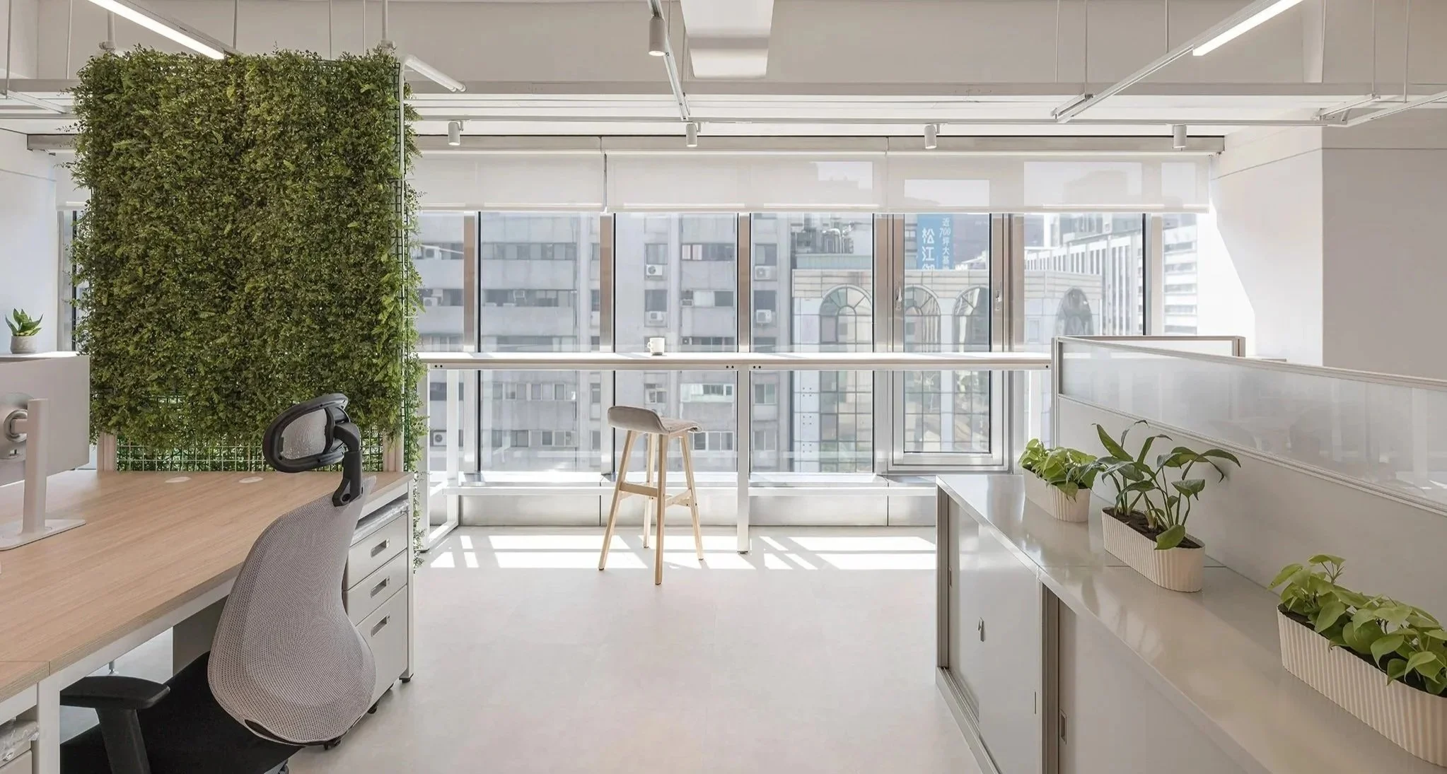Modern office space with desks, chairs, and plants, large windows letting in natural light, and city buildings outside.