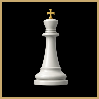 A white chess king piece with a gold cross on top, set against a black background.