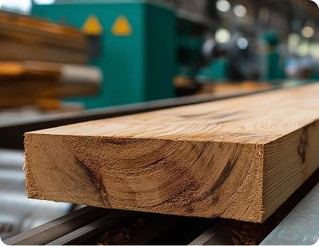 Un pezzo di legno su una macchina da sega in un laboratorio.