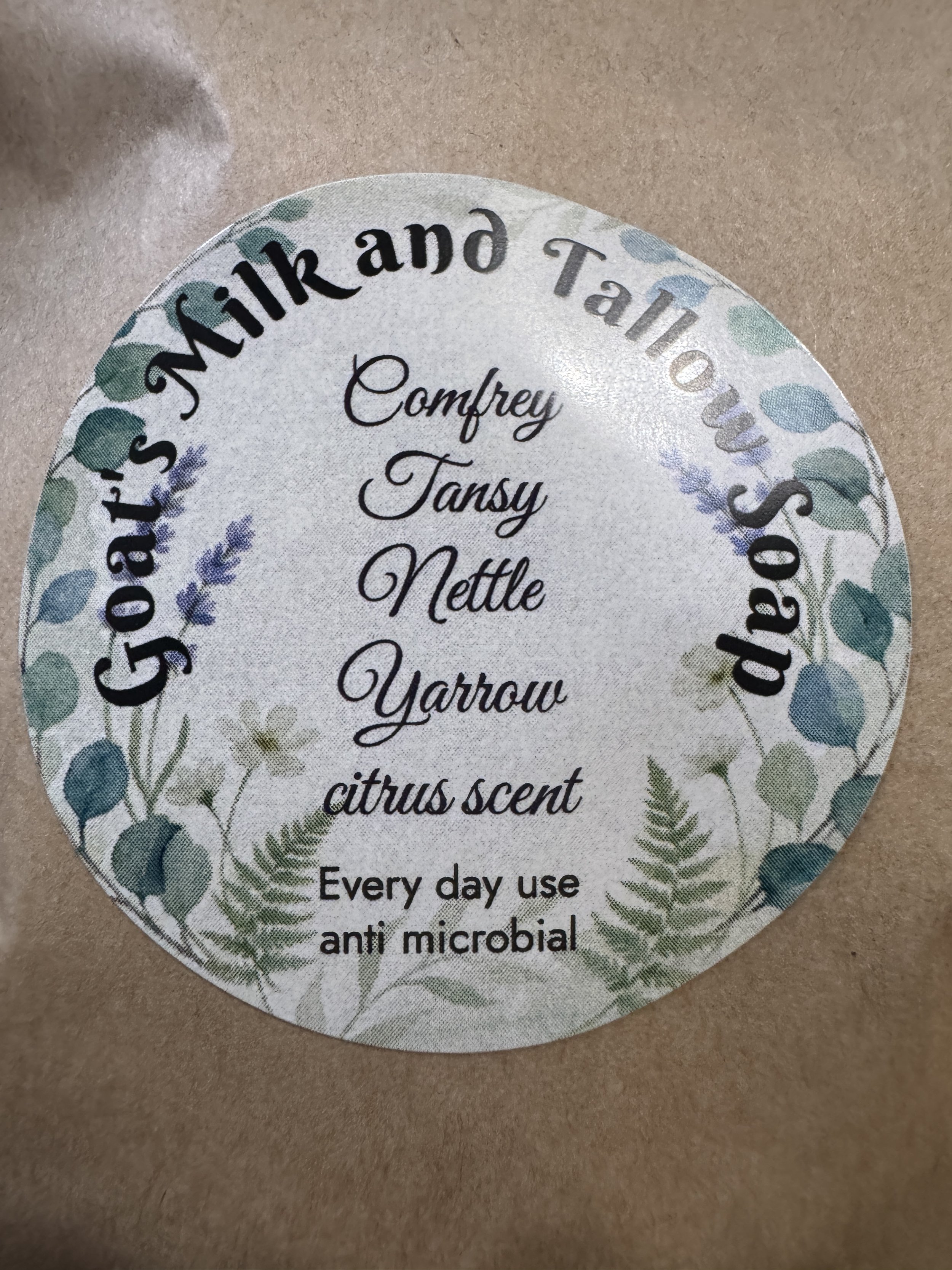 Comfrey, Tansy, Nettle, and Yarrow infused goat's milk and tallow soap.