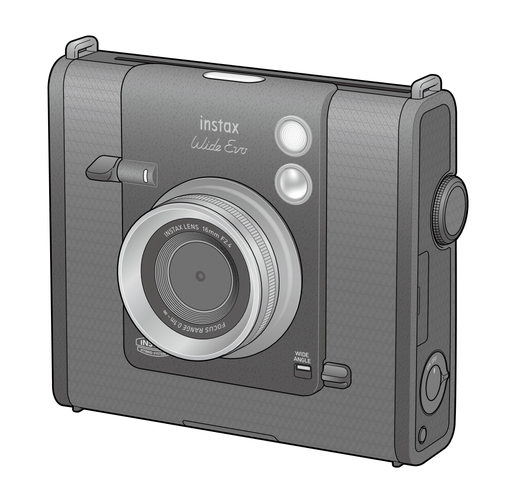 Illustration of a gray Fujifilm Instax Wide Evo instant camera with lens, flash, and various buttons and controls.