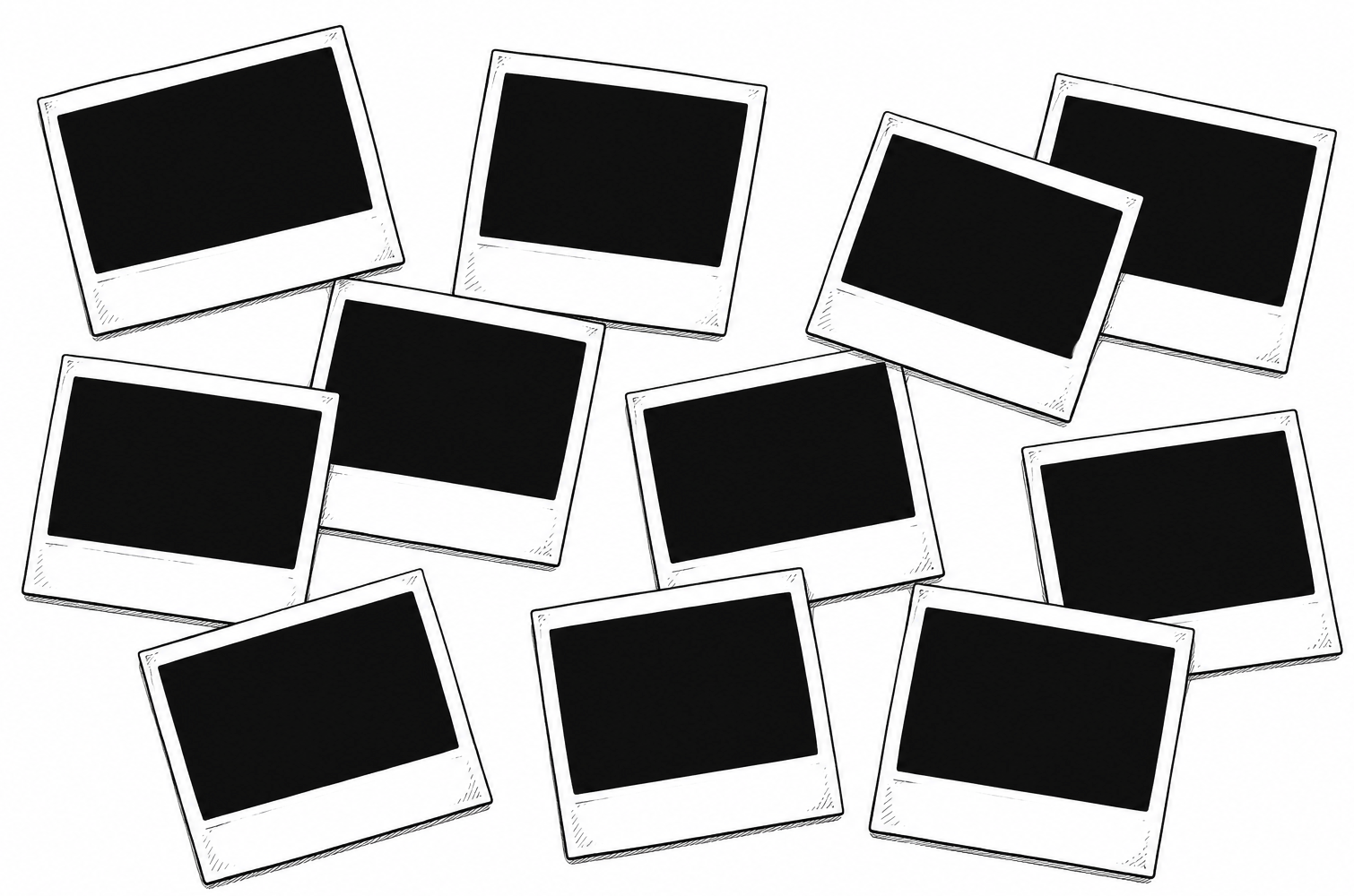 A collection of ten blank instant photo frames scattered on a white background, drawn in black and white.