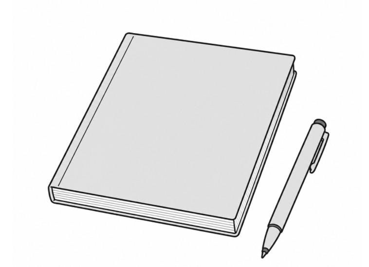 A notebook with a pen lying next to it.