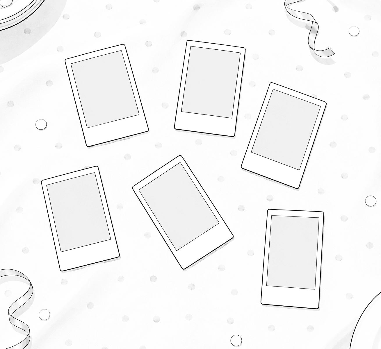 Six Polaroid photos scattered on a white background with polka dots, surrounded by confetti and streamers.